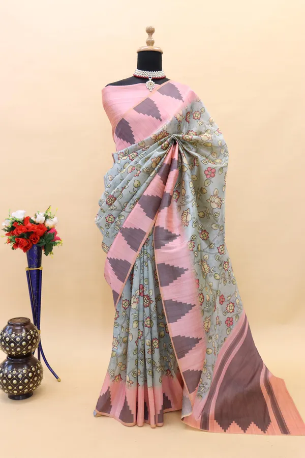 Sea_Blue_Smooth_Silk_Saree_With_Kalmkari_Print